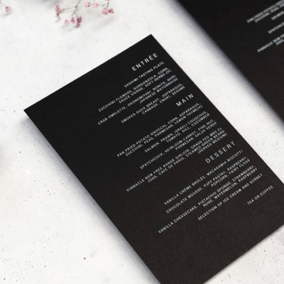 Black with white ink wedding menus